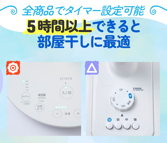 寝るときや部屋干しで使う人は、タイマー機能つきがおすすめ