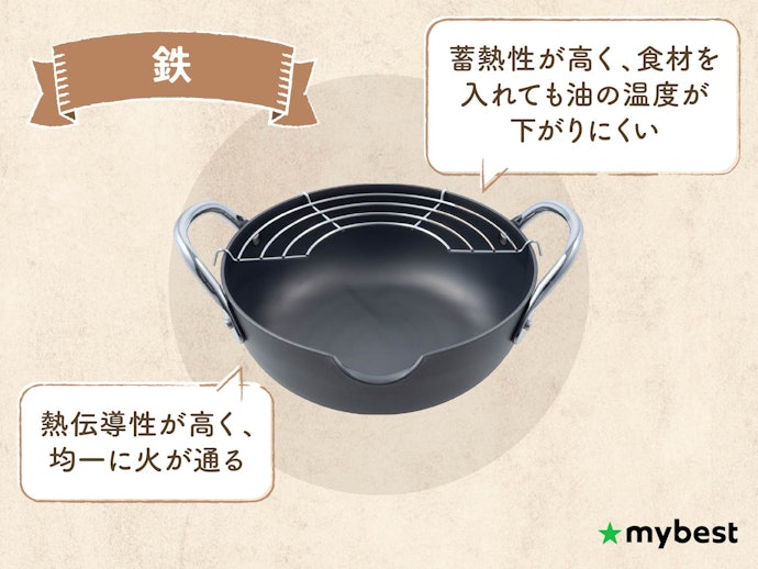鉄:熱伝導性・蓄熱性に優れ、本格調理向き