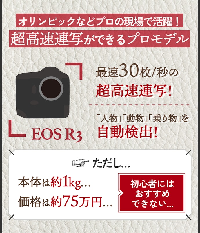 EOS R3は完全なプロ向け。高速連写が得意なモデルだが大きく高価