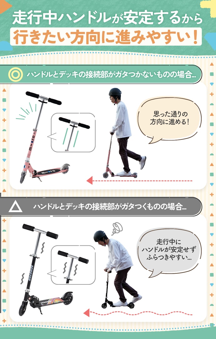 転倒を防ぐために、ハンドルとデッキの接続部がガタつかないものがおすすめ!