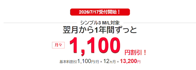 「シンプル3 M/L」を契約すると月額料金が12か月間1,100円割引