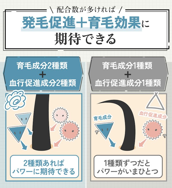 育毛成分2種類以上+血行促進成分2種類以上の組み合わせがおすすめ