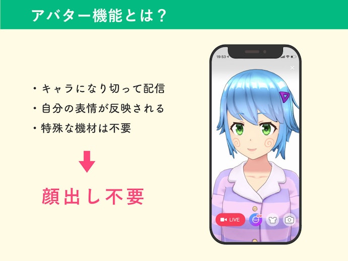 顔出しせずに配信するなら「アバター機能」か「ラジオ配信」に対応しているか必ず確認