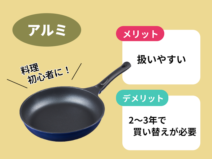 アルミ:熱伝導率が高いものを求める人に。軽くて扱いやすいのも魅力