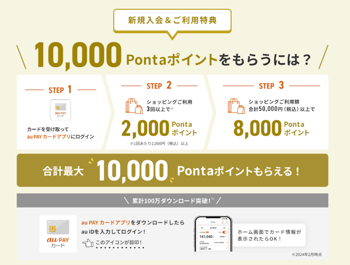 au PAY ゴールドカード:新規入会+ショッピングの利用で、最大10,000Pontaポイントがもらえる