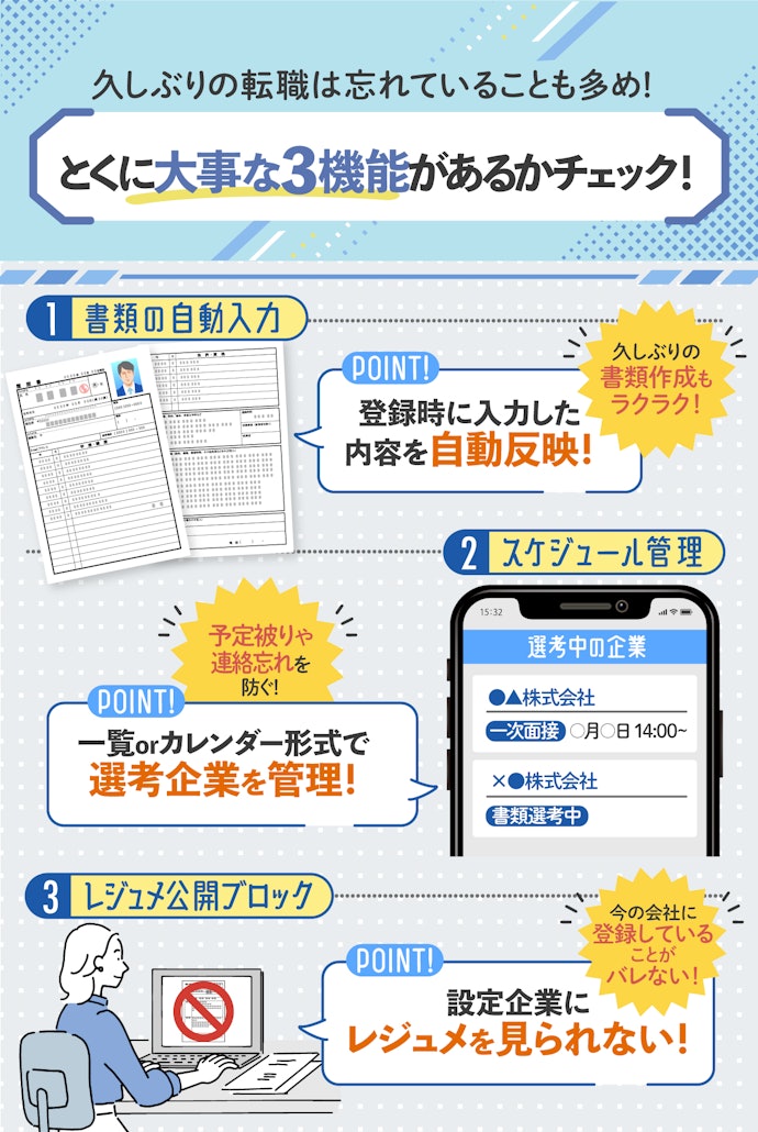 転職活動の負担を軽減するサポート機能も重要。必ず利用すべき3機能を紹介!
