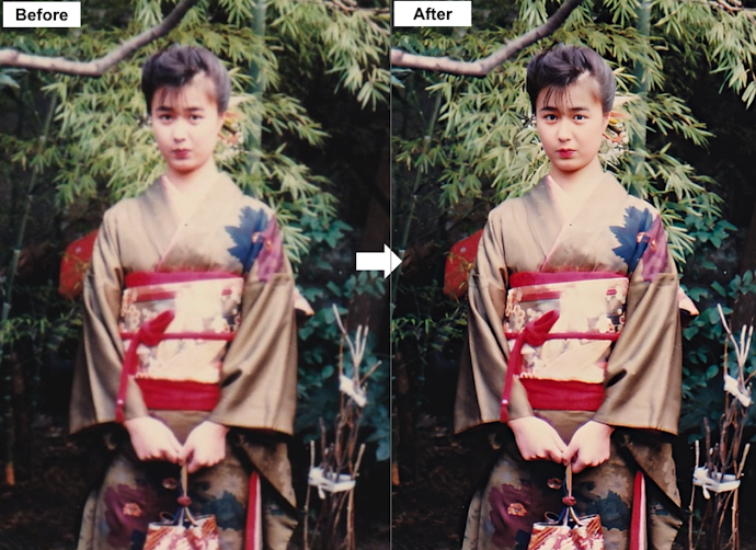 まずは昭和に撮った母の成人式の写真から!着物も葉っぱも色鮮やかに変身