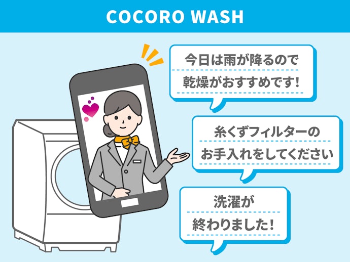 COCORO WASH:アプリを通じて外出先でも操作可能。好きなタイミングで洗濯できる