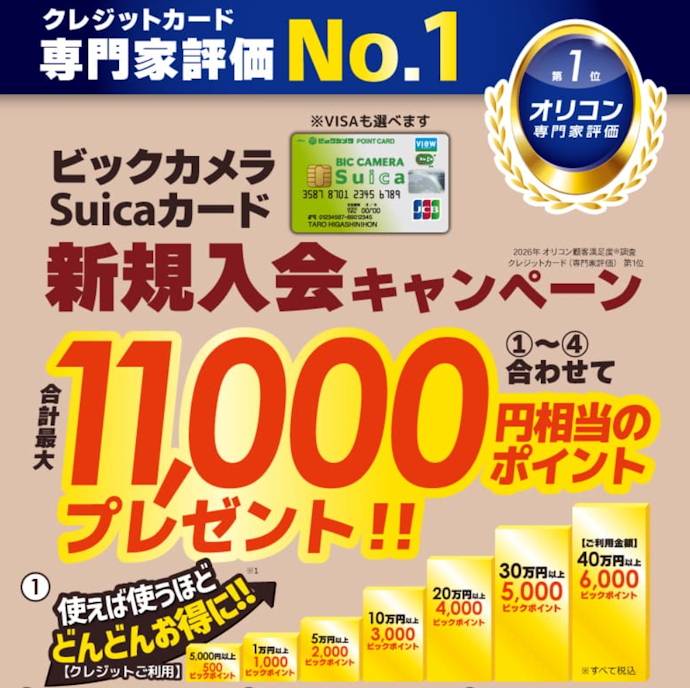 ビックカメラSuicaカード:新規入会+利用で、最大11,000ポイントもらえる