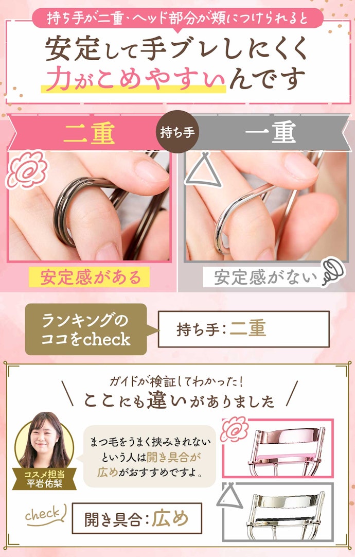 ビューラー初心者は、持ち手が二重のものかヘッド部分を頬につけられるものを