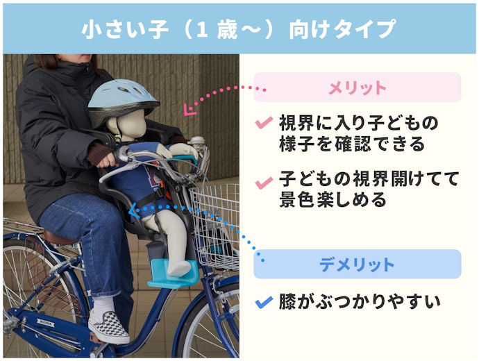 前乗せ用は1歳~体重15kgまで。子どもが視界に入るのがメリット