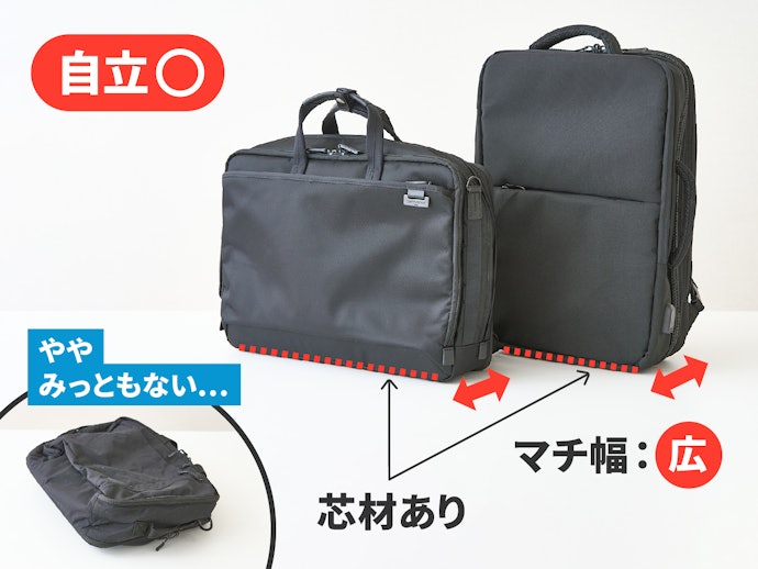 床置きするなら、自立しやすいマチ幅が広いものや芯材のあるものを