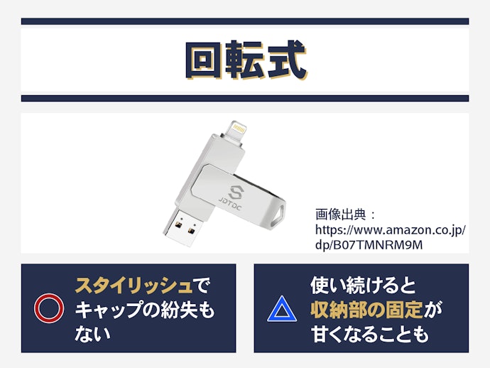 回転式のUSBメモリ:スタイリッシュなデザインが好みの人に