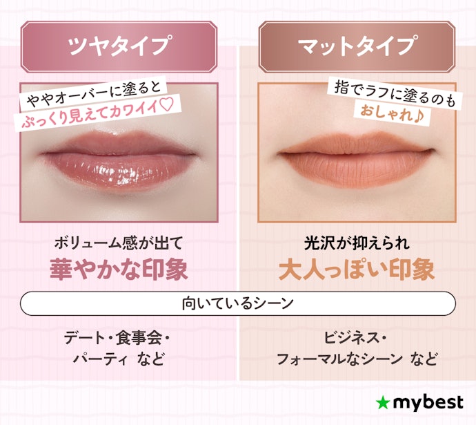 華やかな印象ならツヤ、モードな印象ならマットタイプがおすすめ