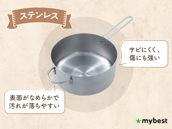 ステンレス:錆びにくく耐久性がある。長く使いたい人に向いている
