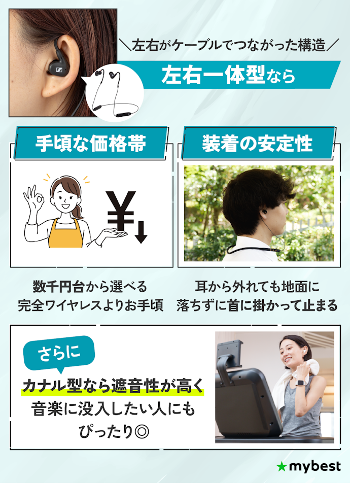 安さと装着時の安定性を重視するなら、左右一体型イヤホン