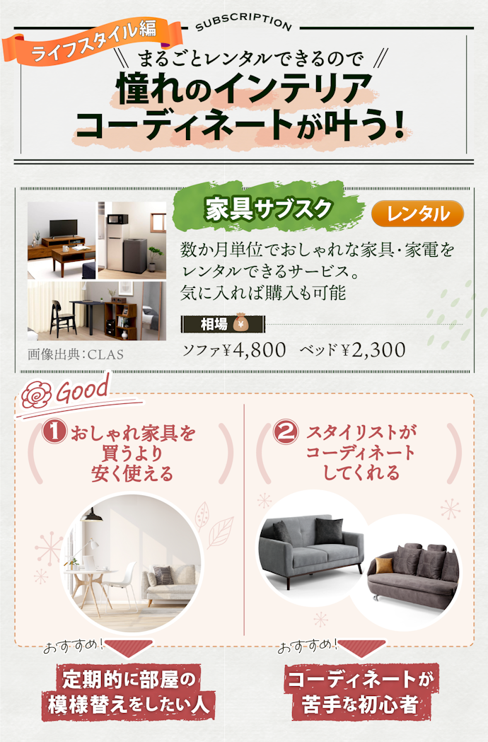 家具のサブスクは、おしゃれな部屋に模様替えしたい人にぴったり