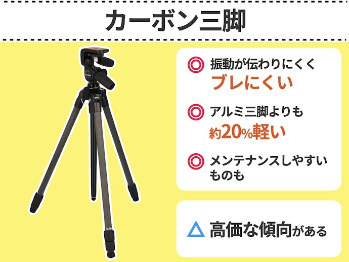 「カーボン三脚」は軽くて堅牢な本格仕様。慣れた人やハイグレードなものがほしい人向け