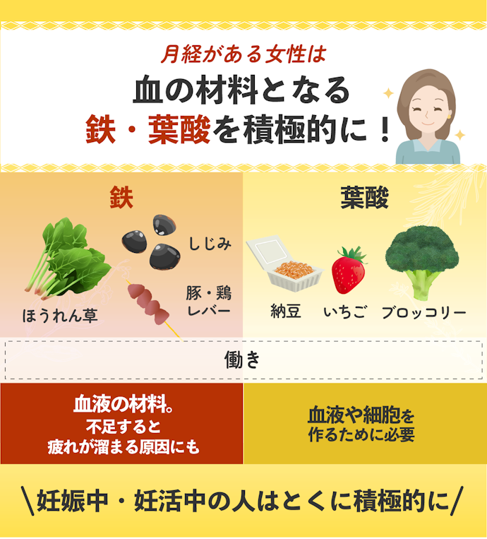 女性は、不足しがちな鉄や妊娠中に摂りたい葉酸も