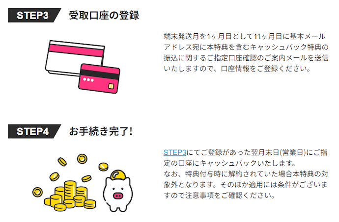 キャッシュバック特典の受け取りが約1年後と遅い