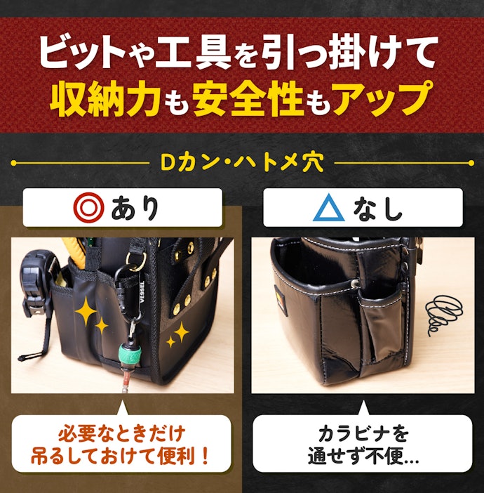 Dカンやハトメ穴があると、工具や安全帯を引っ掛けられる