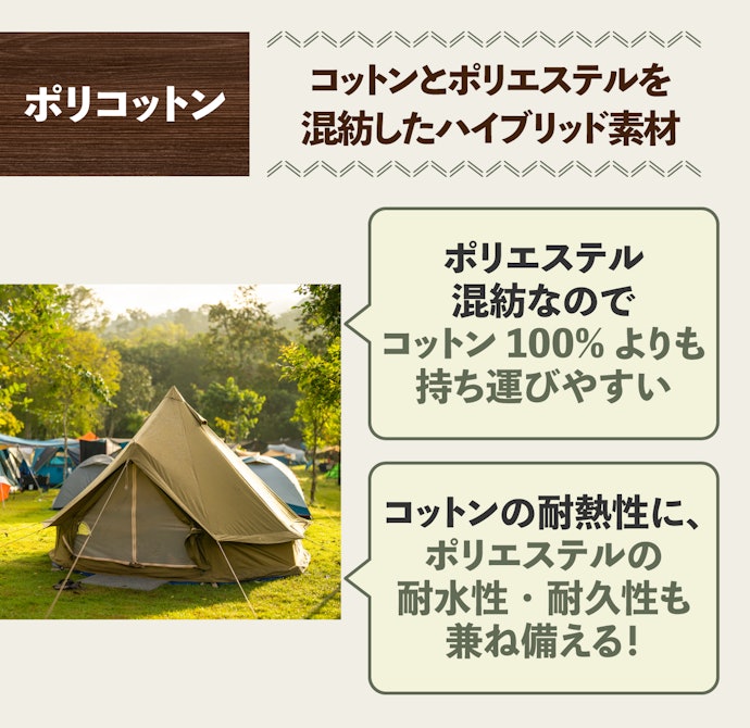 ポリコットン:持ち運びやすさ重視なら。熱にも強い