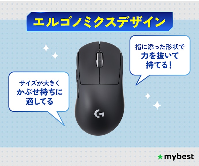 エルゴノミクスデザインはサイズが大きく手に添う形状。力を抜いてマウスを持てる