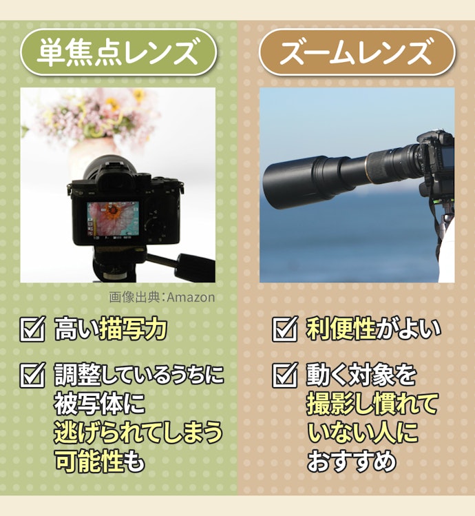 画質重視なら単焦点、利便性重視ならズームレンズがうってつけ