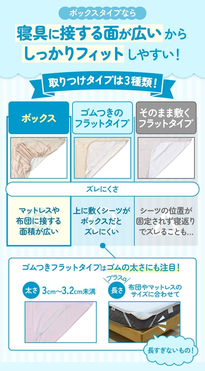 子どもが気にしなければ上に敷くタイプでもOK!なかでもボックスタイプならズレにくい