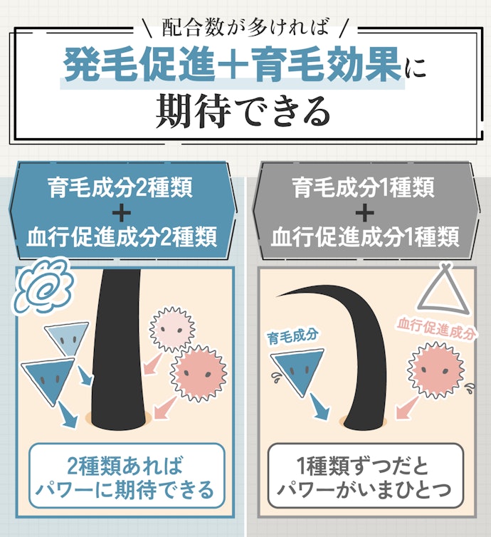 育毛成分2種類以上+血行促進成分2種類以上の組み合わせがおすすめ