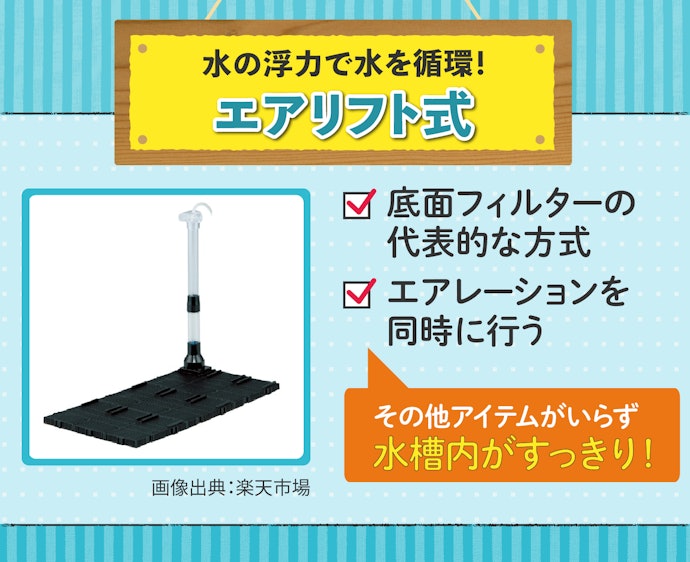 水槽の見た目をすっきりさせたいなら、吸い込み式のエアリフト式がおすすめ
