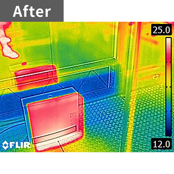 真冬でも部屋全体が素早く暖まる。約4畳の空間が約8分で12℃から18℃に