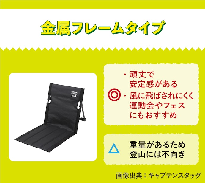 金属フレーム:頑丈で安定感があり、長時間座りたいときにぴったり