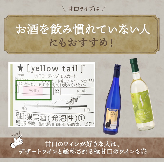 食前酒として飲んだり、デザートと合わせたりするなら甘口のワインを