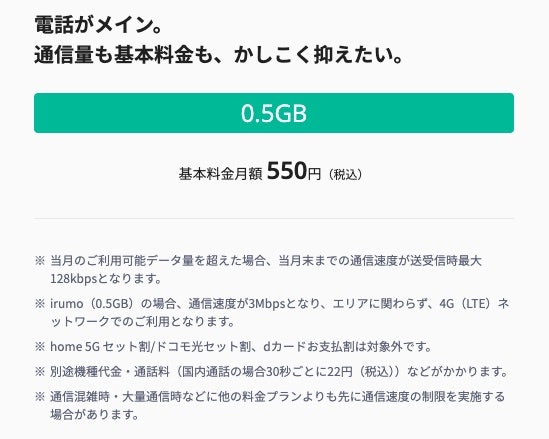 月額550円の0.5GBプランがある