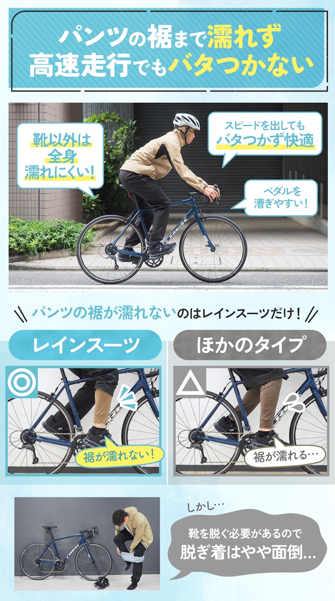 通勤通学で使う人・クロスバイクに乗る人はレインスーツがベター