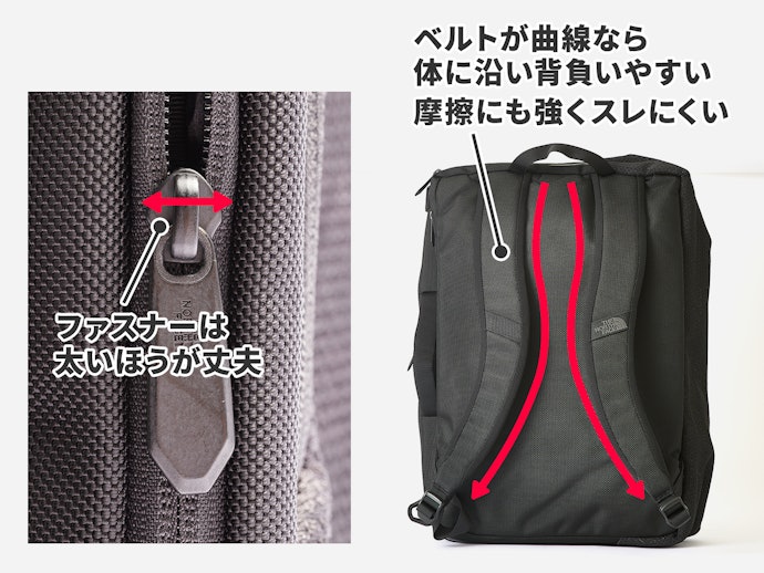 ファスナーは大きいほうが高耐久。リュックなら曲線のベルトのほうがスレにくい