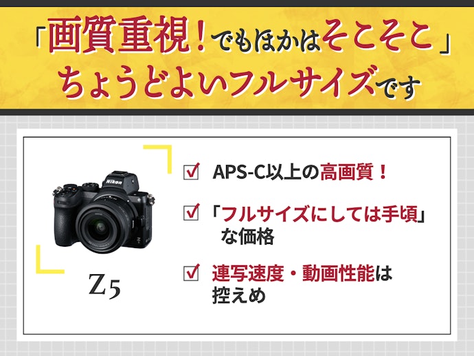 はじめてのフルサイズにはZ 5がおすすめ。安価で、連写・動画撮影をしないなら十分