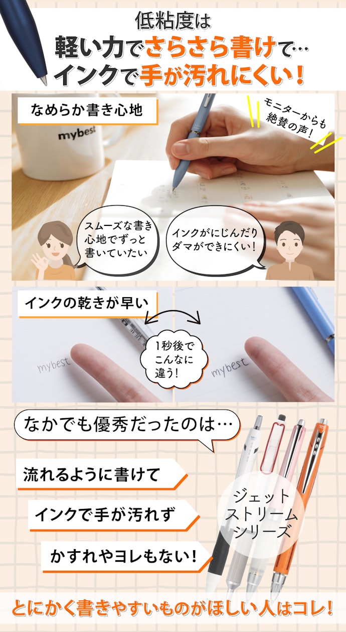 低粘度は書き心地がよくインクの乾きが早い!どんなシーンでも活躍