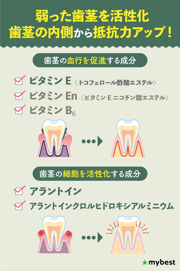 下がった歯茎が気になる人は、歯茎の修復成分が配合されているかチェック