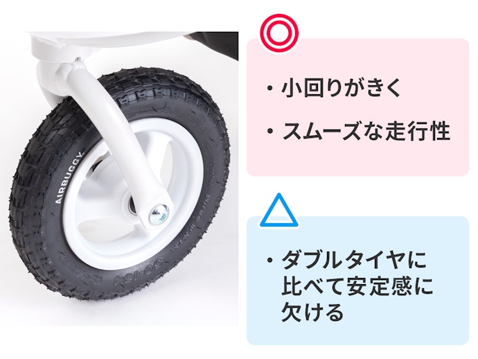 シングルタイヤ:スムーズな走行。段差での押し心地のよさが強み