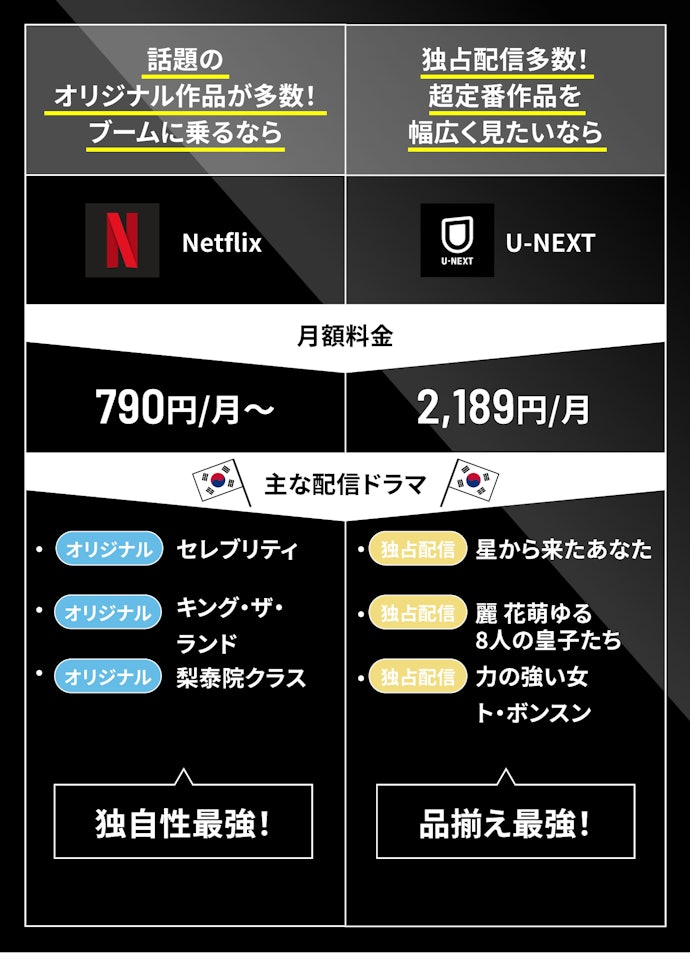 韓ドラはNetflixかU-NEXTがおすすめ。独自性・網羅性のどちらを重視するかで選ぼう