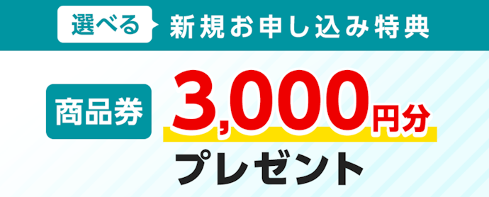 新規申し込みで商品券3,000円分プレゼント