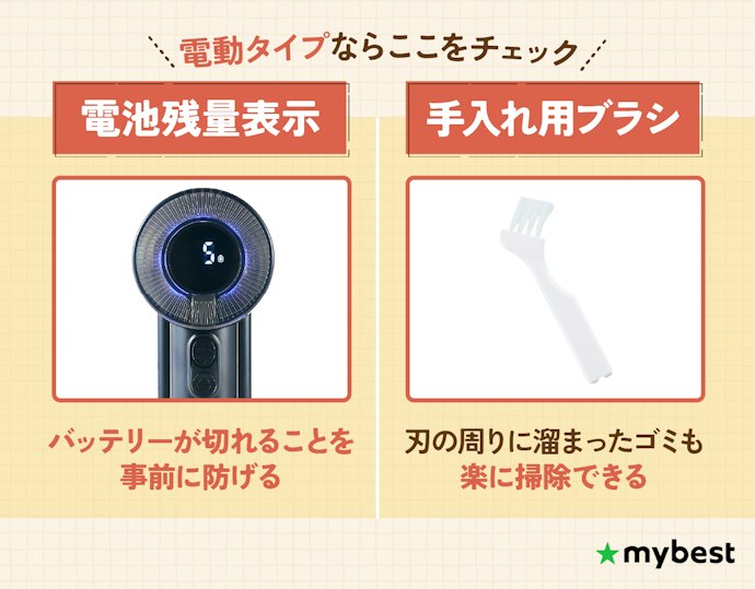 電動タイプは、電池残量表示や手入れ用ブラシがあると便利