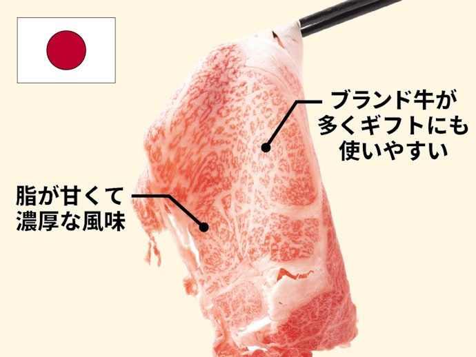 和牛:トロける食感や濃厚な脂。贈り物にぴったり