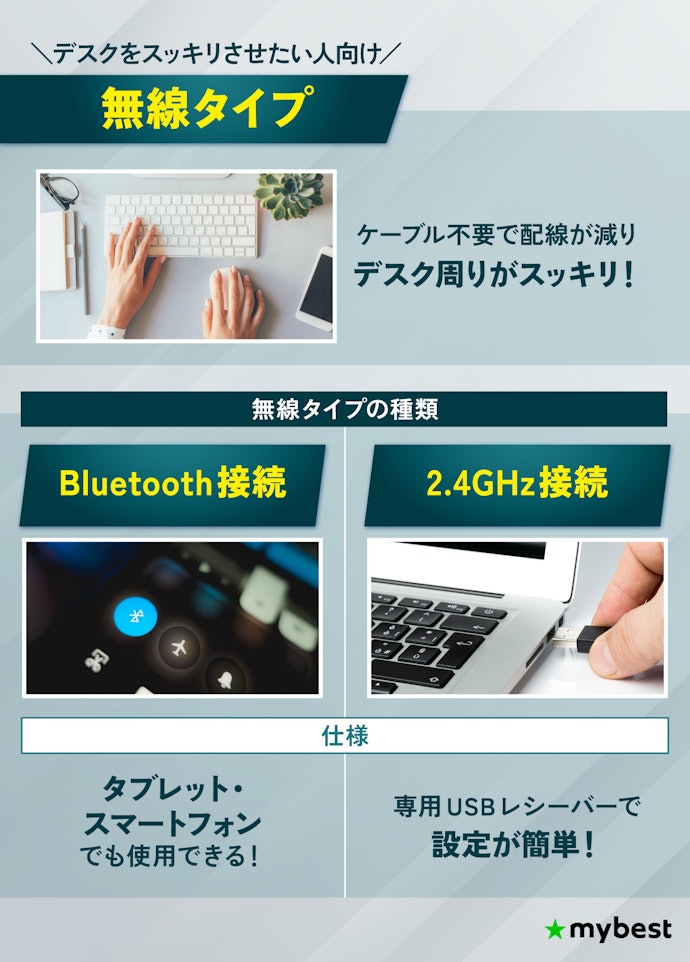 配線レスでデスク周りをスッキリさせたい人には、無線タイプがおすすめ