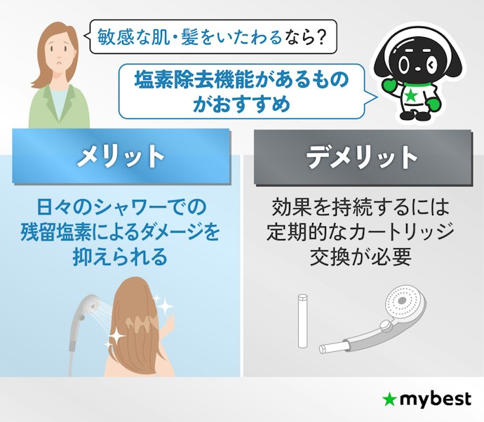 肌や髪の毛へのダメージが気になるなら、塩素除去機能の有無をチェックしよう