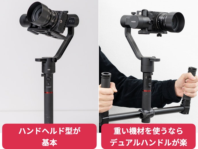 ハンドヘルド型を選ぼう。重い機材ならデュアルハンドルの取り付けを