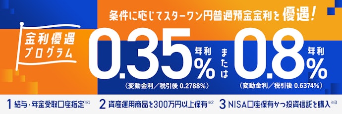 条件に応じてスターワン円普通預金の年利が最大0.8%までアップする