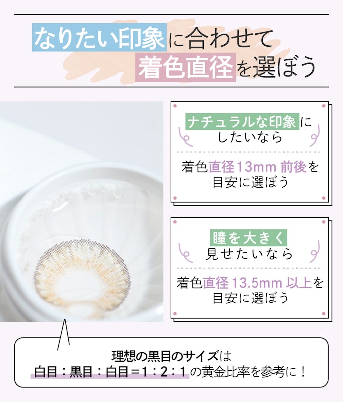 着色直径が大きいほど大きな瞳を演出できる。黒目に近いサイズなら自然